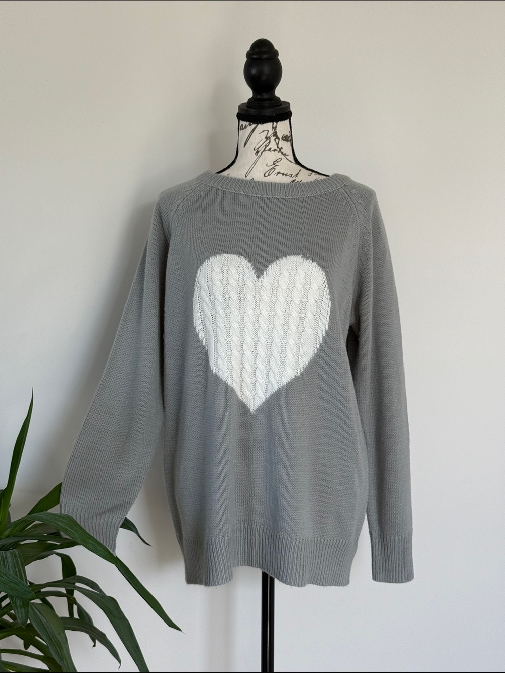 Women's Gray Crewneck Sweater with White Heart